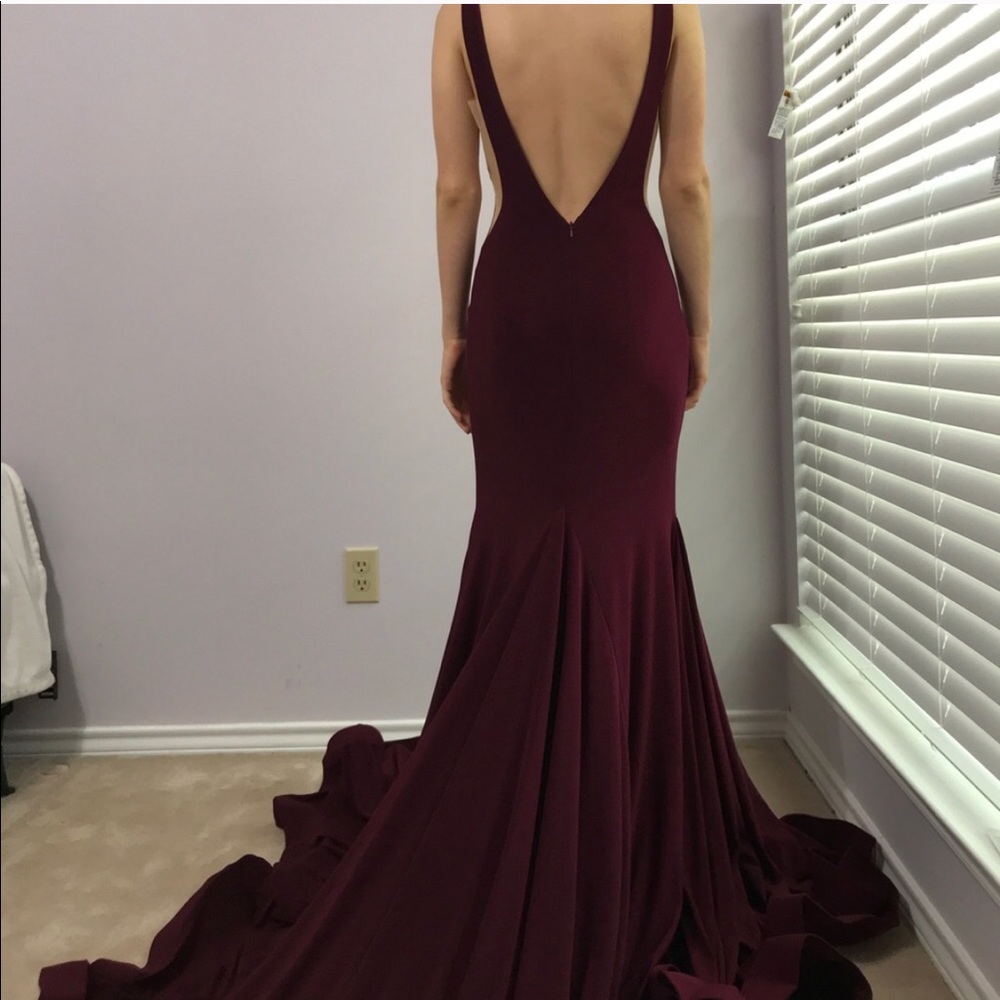 Jovani Burgundy Fitted Open Back Jersey Dress - Picture 2 of 9